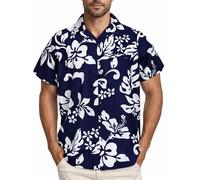 King Kameha Floral Hawaiian Shirt for Men - Tropical Men’s Hawaiian Shirt Short Sleeve, Hibiscus, Navy-Blue, XS