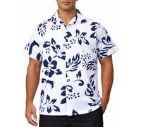 King Kameha Floral Hawaiian Shirt for Men - Tropical Men’s Hawaiian Shirt Short Sleeve, Hibiscus, White-Navy-Blue, 5XL