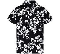 King Kameha Floral-Vibes Hibiscus-Print Hawaii Colorful Stylish-Shirt Standard-Fit, Hibiscus, Black, 3XL
