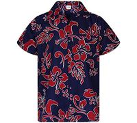 King Kameha Floral-Vibes Hibiscus-Print Hawaii Colorful Stylish-Shirt Standard-Fit, Hibiscus, Navy-Blue-Red, 7XL
