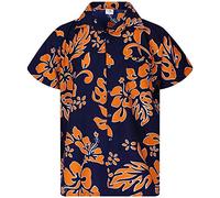 King Kameha Floral-Vibes Hibiscus-Print Hawaii Colorful Stylish-Shirt Standard-Fit, Hibiscus, Navy-Blue-Orange, 10XL