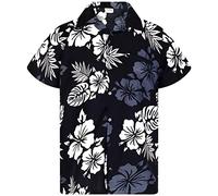 King Kameha Floral-Vibes Mono-Hibiscus-Print Hawaii Colorful Stylish-Shirt Standard-Fit, Mono-Hibiscus, Black-White, L