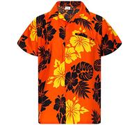 King Kameha Floral-Vibes Mono-Hibiscus-Print Hawaii Colorful Stylish-Shirt Standard-Fit, Mono-Hibiscus, Orange-Black, L