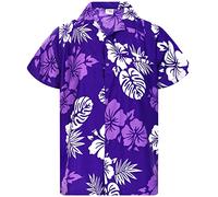 King Kameha Floral-Vibes Mono-Hibiscus-Print Hawaii Colorful Stylish-Shirt Standard-Fit, Mono-Hibiscus, Purple-White, L