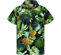 King Kameha Funky Casual Hawaiian Shirt for Kids Boys and Girls Front Pocket Very Loud Shortsleeve Unisex Pineapple Leaves Palms Print