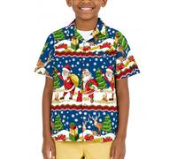 King Kameha Funky Casual Hawaiian Shirt for Kids Boys and Girls Front Pocket Very Loud Shortsleeve, Unisex Christmas Reindeer Prints