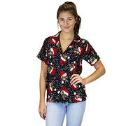 King Kameha Funky Hawaiian Blouse, Christmas Flying Hats, Black, L