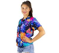 King Kameha Funky Hawaiian Blouse Shirt Women's Short Sleeve Front Pocket Stylish Pineapple Fruit Tropical