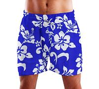 King Kameha Funky Hawaiian Board-Shorts Trunks Swim-Pants, Hibiscus, Indigoblue, S