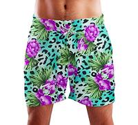 King Kameha Funky Hawaiian Board-Shorts Trunks Swim-Pants, Leopard Flowers, Turquoise, L