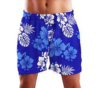 King Kameha Funky Hawaiian Board-Shorts Trunks Swim-Pants, Mono Hibiscus, Blue White, XXL