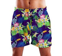King Kameha Funky Hawaiian Board-Shorts Trunks Swim-Pants, Parrot Cockatoo, Purple, XXL