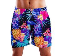 King Kameha Funky Hawaiian Board-Shorts Trunks Swim-Pants, Pineapple, Black Blue, L