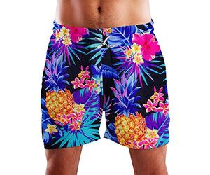 King Kameha Funky Hawaiian Board-Shorts Trunks Swim-Pants, Pineapple, Black Blue, L