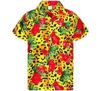 King Kameha Funky Hawaiian Shirt for Men - Tropical Men’s Hawaiian Shirt Short Sleeve, Leopard-Flowers, Yellow, S