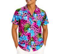 King Kameha Funky Hawaiian Shirt for Men - Tropical Men’s Hawaiian Shirt Short Sleeve, Leopard-Flowers, Pink, 5XL