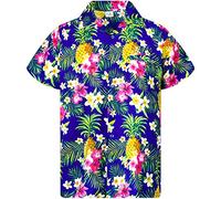 King Kameha Funky Hawaiian Shirt Kids Boys, Shortsleeve, Print Pineapple Flowers, Blue, 8