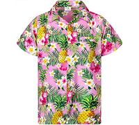 King Kameha Funky Hawaiian Shirt Kids Boys, Shortsleeve, Print Pineapple Flowers, Lightpink, 10
