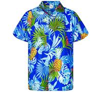 King Kameha Funky Hawaiian Shirt Kids Boys, Shortsleeve, Print Pineapple Leaves, Blue, 4