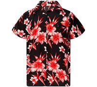 King Kameha Funky Hawaiian-Shirt, Men, Short-Sleeve, Mono-Flowers, Black-Red, XS