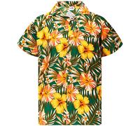 King Kameha Funky Hawaiian-Shirt, Men, Short-Sleeve, Tropical-Hibiscus, Green-Yellow, L