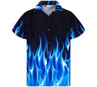 King Kameha Funky Hawaiian Shirt, Men, Shortsleeve, Flames, Blue, XS