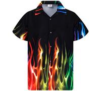 King Kameha Funky Hawaiian Shirt, Men, Shortsleeve, Flames, Rainbow, 5XL