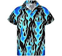 King Kameha Funky Hawaiian Shirt, Men, Shortsleeve, Flames Wild, Blue, 5XL