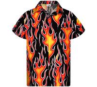 King Kameha Funky Hawaiian Shirt, Men, Shortsleeve, Flames Wild, Orange, 3XL
