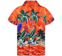 King Kameha Funky Hawaiian Shirt Men's Short Sleeve Front Pocket Palm Trees Beach Parrot Prints, Parrot Orange, XXL