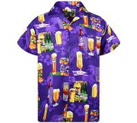 King Kameha Funky Hawaiian Shirt Men's Short Sleeve Front Pocket Party Drinks Beer Bottles Prints, Beer Bottle Purple, L