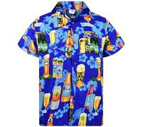 King Kameha Funky Hawaiian Shirt Men's Short Sleeve Front Pocket Party Drinks Beer Bottles Prints, Beer Bottles-Blue, XXXX-Large