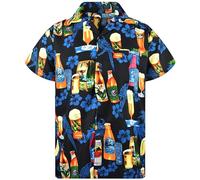 King Kameha Funky Hawaiian Shirt Men's Short Sleeve Front Pocket Party Drinks Beer Bottles Prints, Beer Bottles-Black, XXL