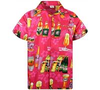 King Kameha Funky Hawaiian Shirt Men's Short Sleeve Front Pocket Party Drinks Beer Bottles Prints, Beer Bottles-Pink, L