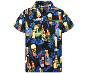 King Kameha Funky Hawaiian Shirt Men's Short Sleeve Front Pocket Party Drinks Beer Bottles Prints, Beer Bottles-Black, XL