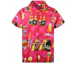 King Kameha Funky Hawaiian Shirt Men's Short Sleeve Front Pocket Party Drinks Beer Bottles Prints, Beer Bottles-Pink, M