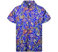 King Kameha Funky Hawaiian Shirt Men's Short Sleeve Front Pocket Party Halloween Skull Print, Skulls-blue multi, XXL
