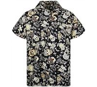 King Kameha Funky Hawaiian Shirt Men's Short Sleeve Front Pocket Party Halloween Skull Print, Skulls-black-black-sepia, XL