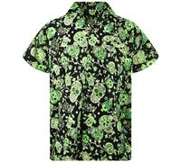 King Kameha Funky Hawaiian Shirt Men's Short Sleeve Front Pocket Party Halloween Skull Print, Skulls-Green, L