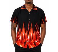 King Kameha Funky Men's Regular Fit Casual Button Down Classic Short Sleeve Aloha Hawaiian Shirt with Flames