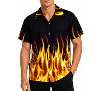 King Kameha Funky Men's Regular Fit Casual Button Down Classic Short Sleeve Aloha Hawaiian Shirt with Flames