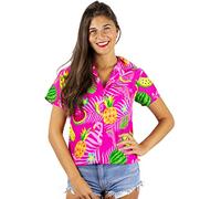 King Kameha Hawaiian Blouse-Shirt Women Fruit-Designs Regular Short-Sleeve, Flamingo-Melon, Pink, M