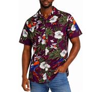 King Kameha Hawaiian Shirt for Men - Tropical Men’s Hawaiian Shirt Short Sleeve, Cherryparrot, Maroon Red, XL