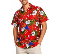 King Kameha Hawaiian Shirt for Men - Tropical Men’s Hawaiian Shirt Short Sleeve, Cherryparrot, Red, 4XL