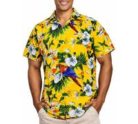 King Kameha Hawaiian Shirt for Men - Tropical Men’s Hawaiian Shirt Short Sleeve, Cherryparrot, Yellow, XS
