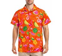 King Kameha Hawaiian Shirt for Men - Tropical Men’s Hawaiian Shirt Short Sleeve, Flamingo Melon, Orange, L
