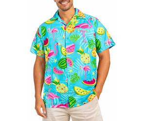 King Kameha Hawaiian Shirt for Men - Tropical Men’s Hawaiian Shirt Short Sleeve, Flamingo Melon, Turquoise, L
