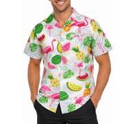 King Kameha Hawaiian Shirt for Men - Tropical Men’s Hawaiian Shirt Short Sleeve, Flamingo Melon, White, M