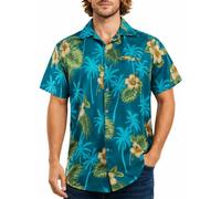 King Kameha Hawaiian Shirt for Men - Tropical Men’s Hawaiian Shirt Short Sleeve, Small-Flower, Petrol-Green, XL