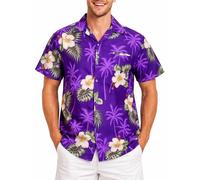 King Kameha Hawaiian Shirt for Men - Tropical Men’s Hawaiian Shirt Short Sleeve, Small-Flower, Purple, L